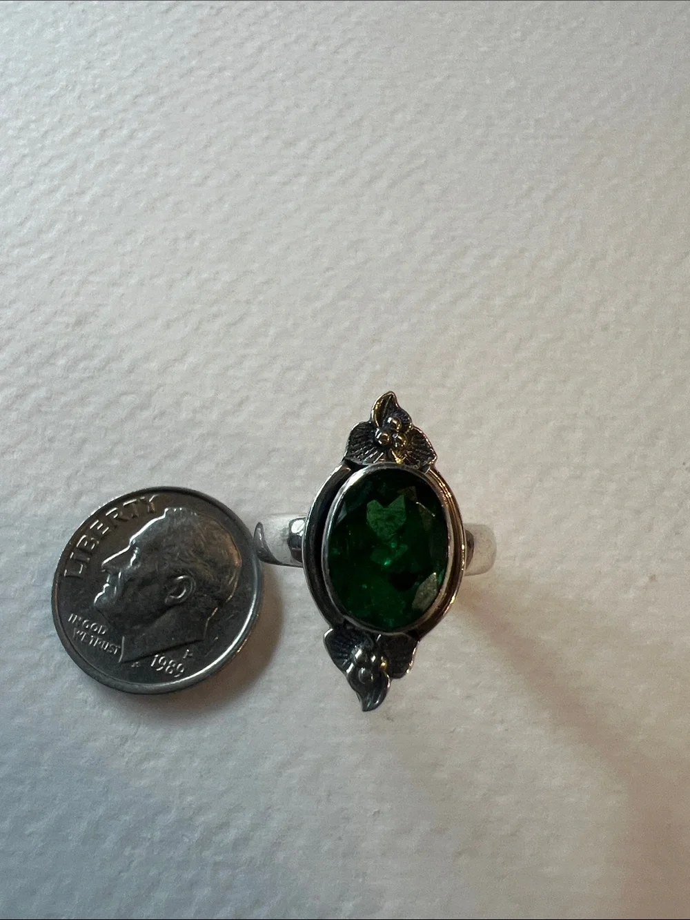 Sterling Silver Green Oval Gemstone Floral Ring